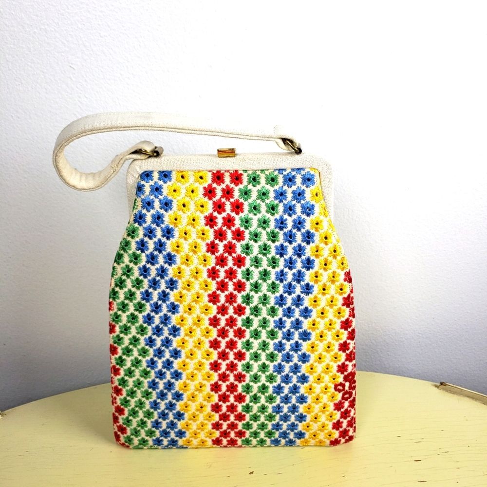 Women's Vintage Pretty 60's 70's Floral Embroidered Long Pocket Book Purse